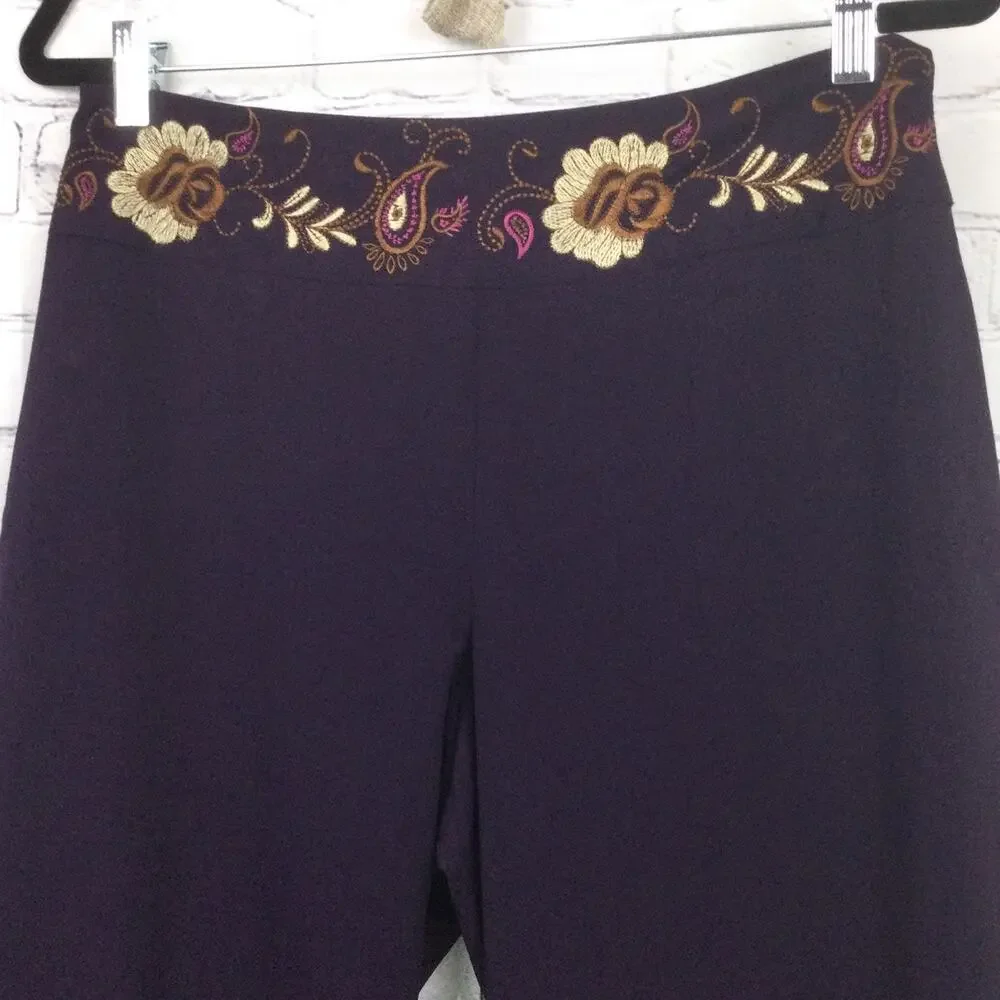 Worthington Women's Stretch Floral Embroidered Waist Purple Straight Leg Size 10